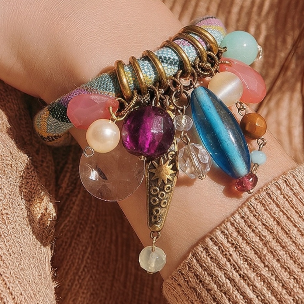 Boho Multicolor Beaded Charm Bracelet - 3/4 round with wrist opening.